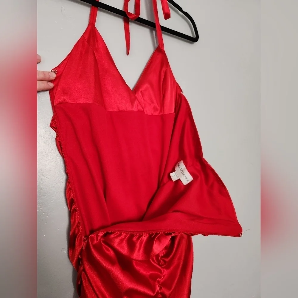 Jessica McClintok Full Length Halter Scrunch Red Satin Dress sz 6